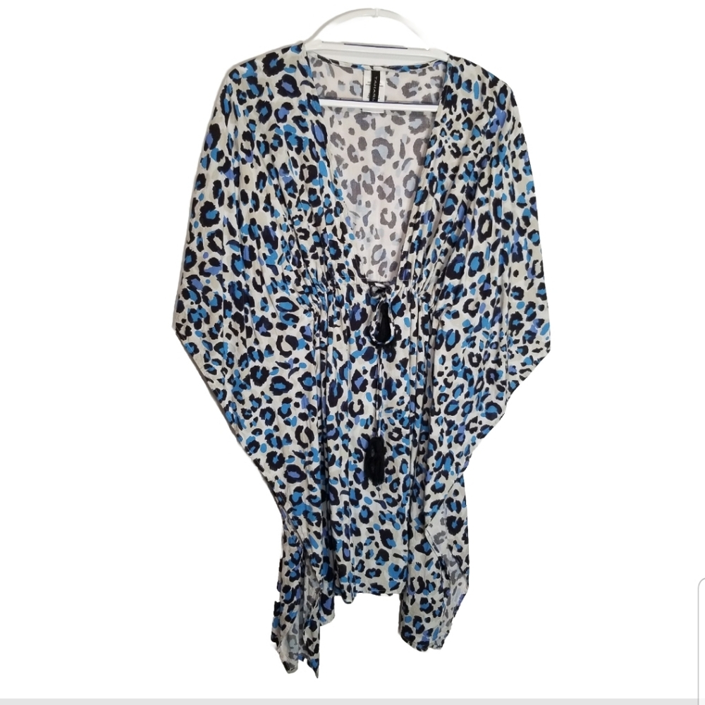 Tahari Swimsuit Cover Up Women's Medium Blue Animal Print Batwing Sleeves